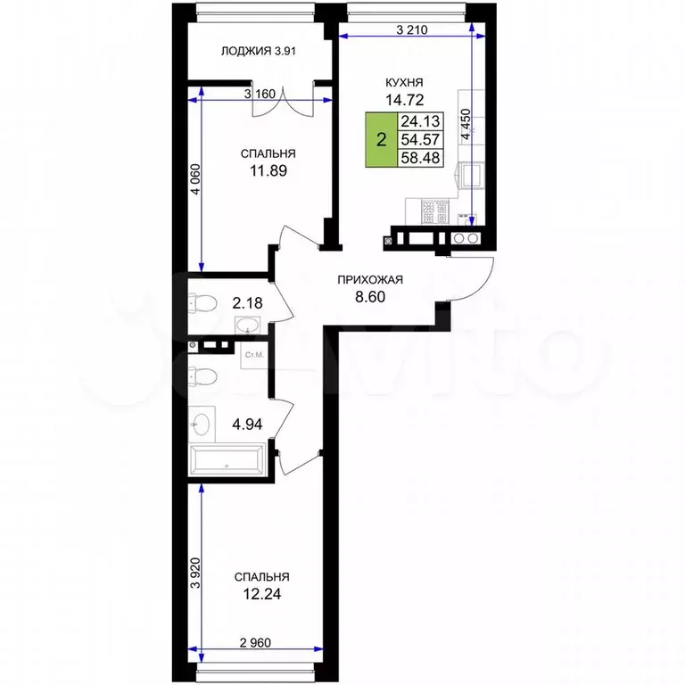 2-к. квартира, 58,5 м, 7/7 эт. - Фото 1