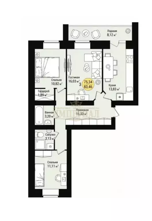 3-к кв. Марий Эл, Йошкар-Ола ул. Зарубина, 12 (83.46 м) - Фото 2