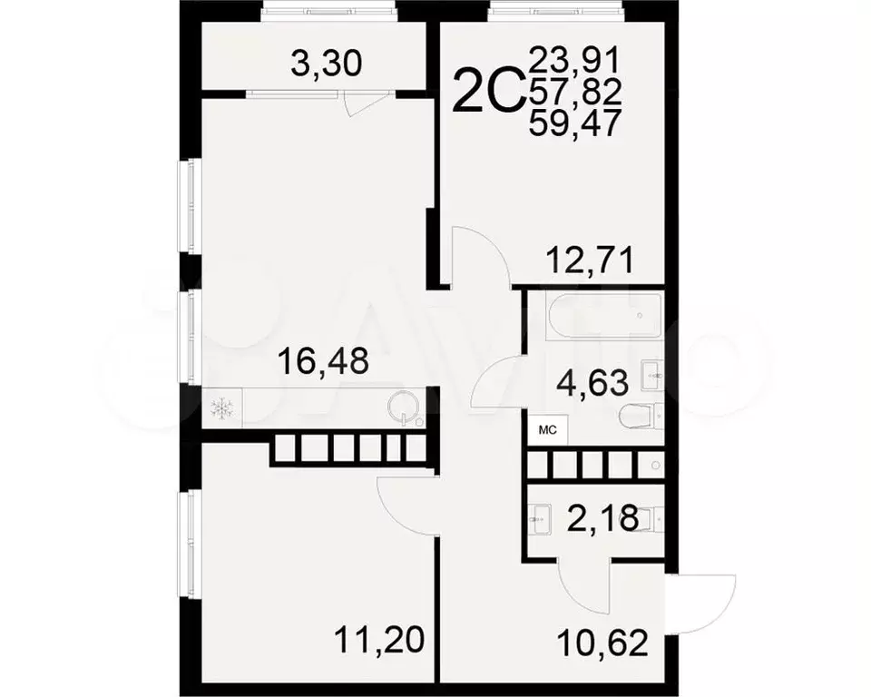 2-к. квартира, 59,5 м, 19/21 эт. - Фото 1