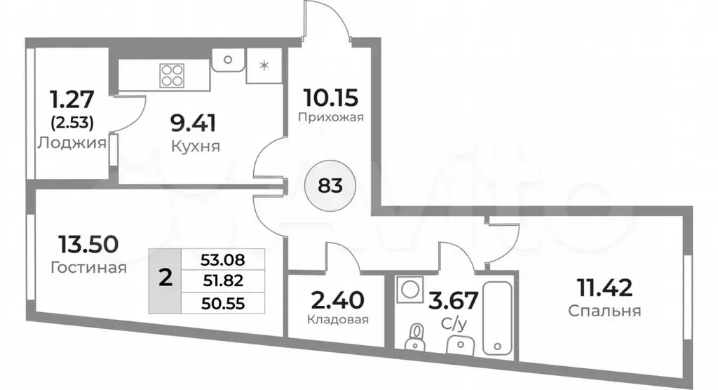 2-к. квартира, 51,8 м, 1/10 эт. - Фото 1
