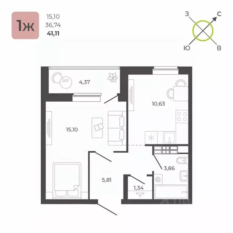 1-к кв. Свердловская область, Екатеринбург ул. Академика Ландау, 34 ... - Фото 1