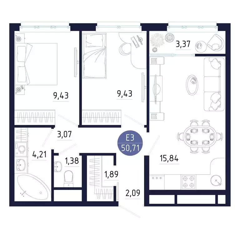 2-комнатная квартира: Тула, ЖК Надёжный на Пролетарке (50.71 м) - Фото 1