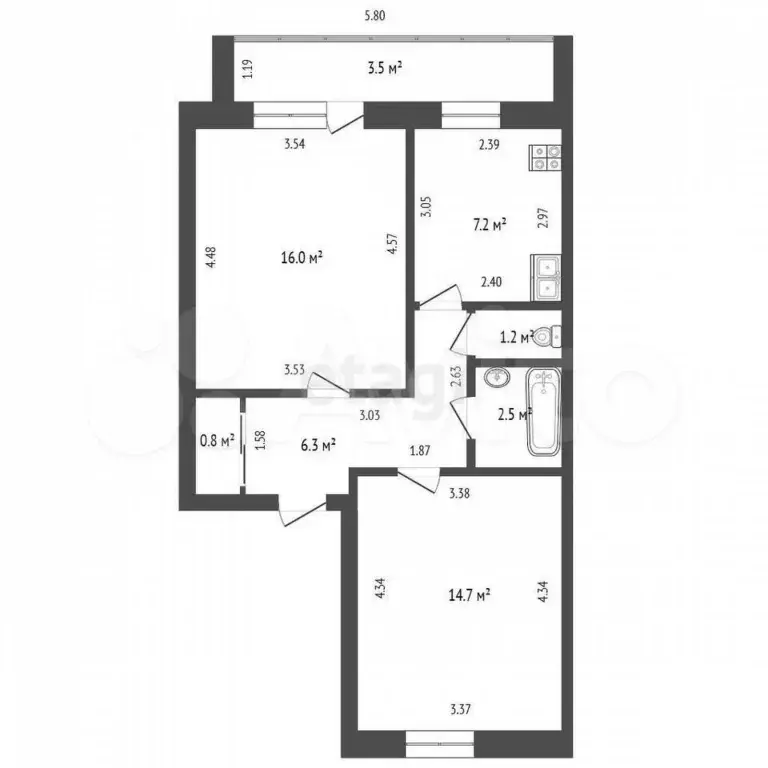2-к. квартира, 48,7 м, 2/5 эт. - Фото 0