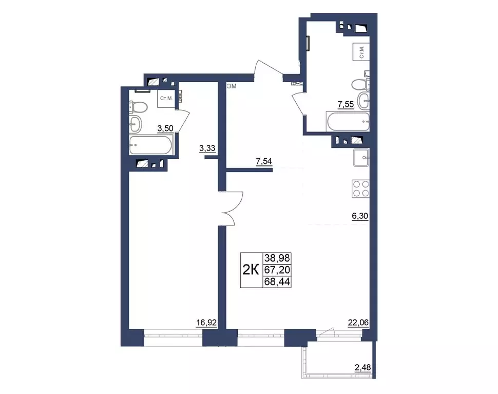 2-к квартира, 68.44 м - Фото 0