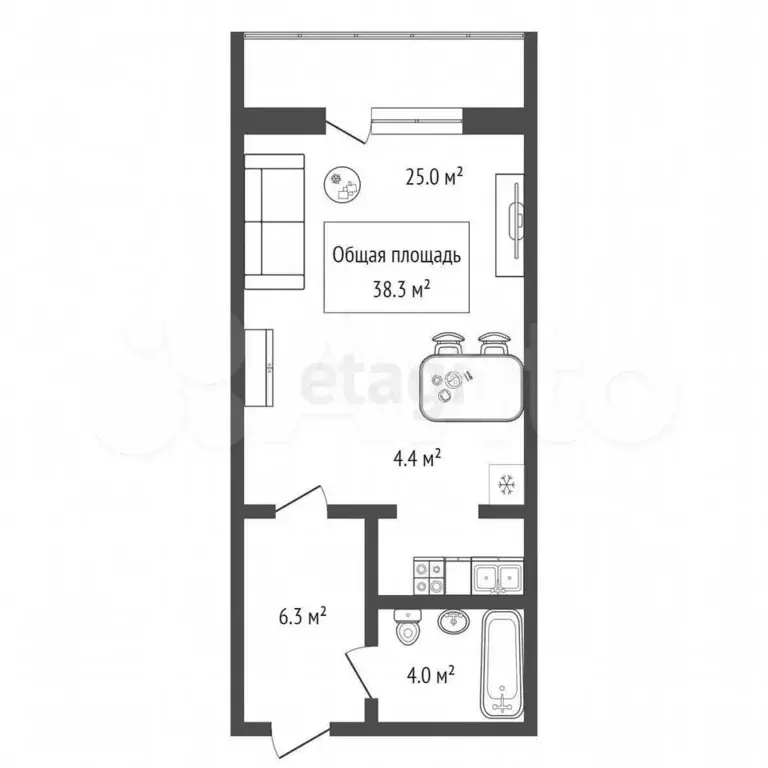 Квартира-студия, 38,3 м, 9/10 эт. - Фото 1