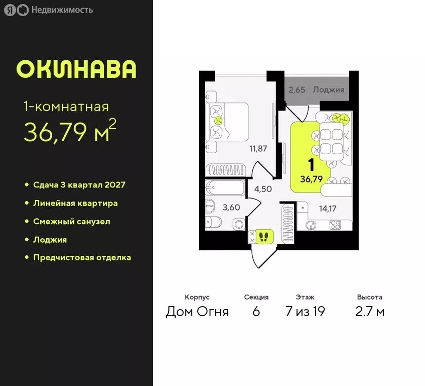 1-комнатная квартира: Тюмень, жилой комплекс Окинава (36.79 м) - Фото 0