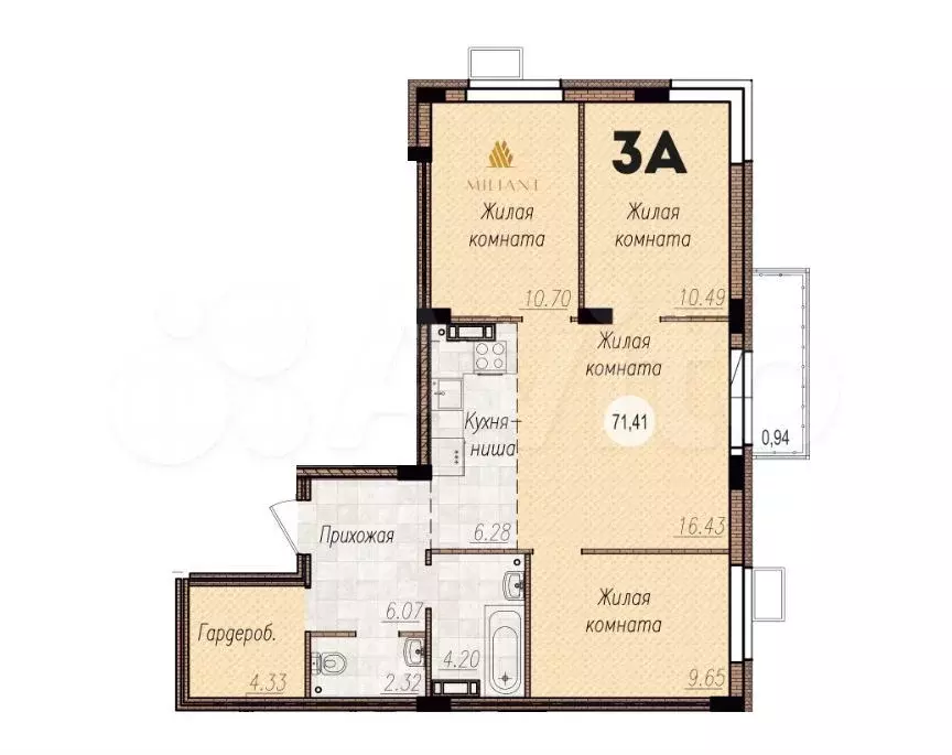 3-к. квартира, 71,4 м, 13/15 эт. - Фото 1