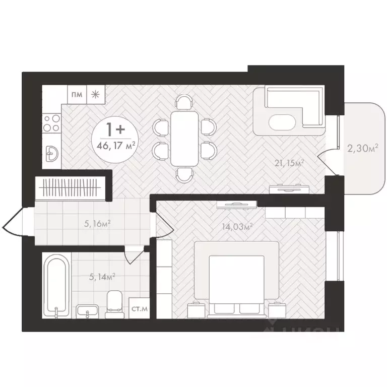 1-к кв. Башкортостан, Уфа Южный-2 мкр,  (46.17 м) - Фото 1