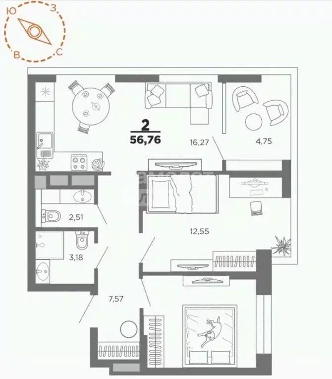 2-к кв. Рязанская область, Рязань Новая ул., 51В (57.0 м) - Фото 2
