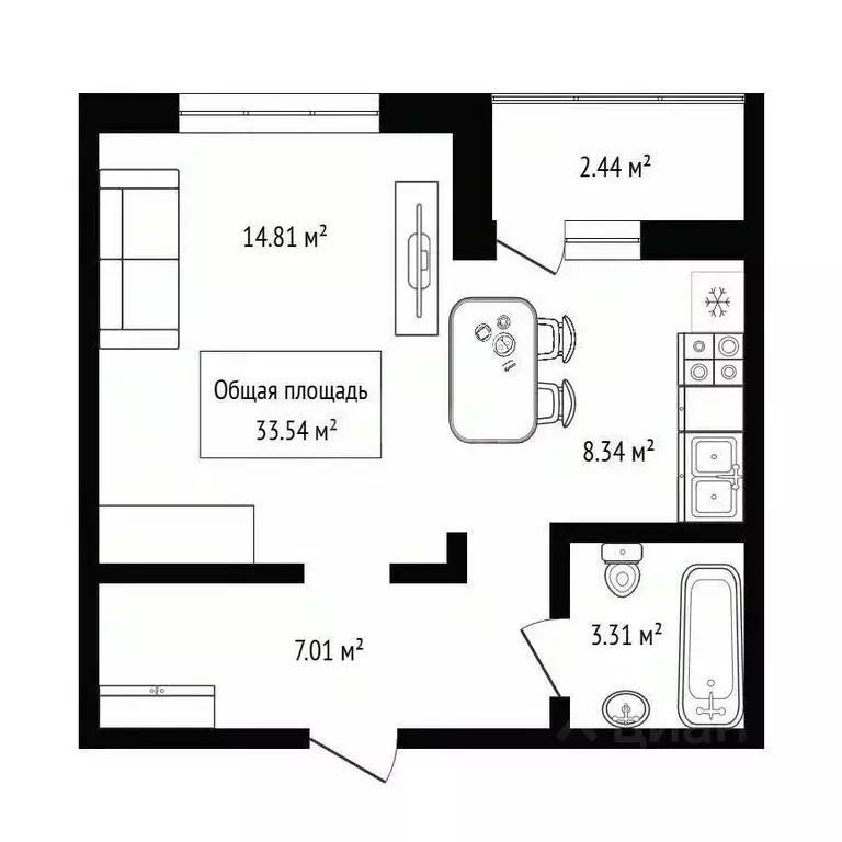 1-к кв. Новосибирская область, Новосибирск ул. Ошанина, 3 (33.54 м) - Фото 2