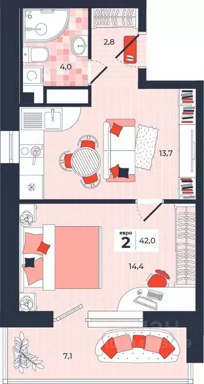 2-к кв. Тульская область, Тула ул. Академика Насоновой, 1А (42.0 м) - Фото 1