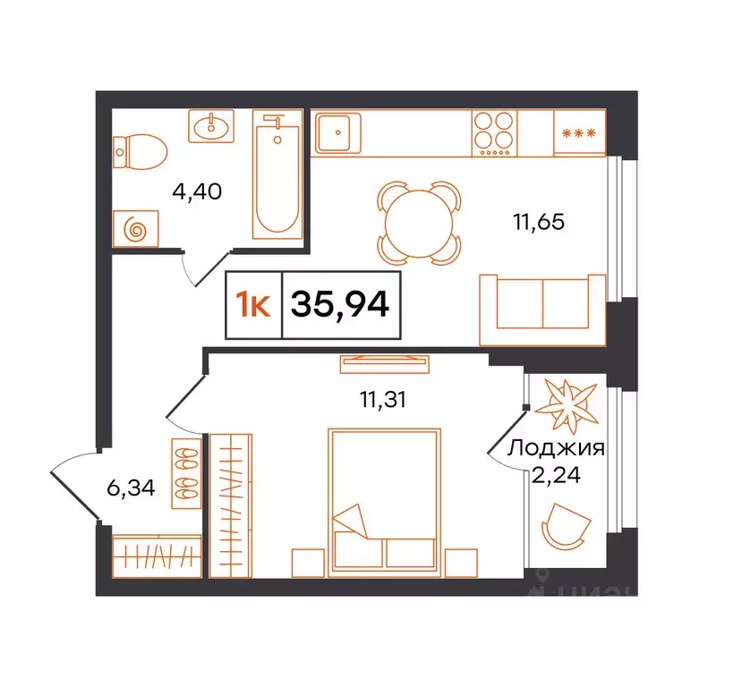 1-к кв. Тюменская область, Тюмень Полевая ул., 117к12 (35.94 м) - Фото 1
