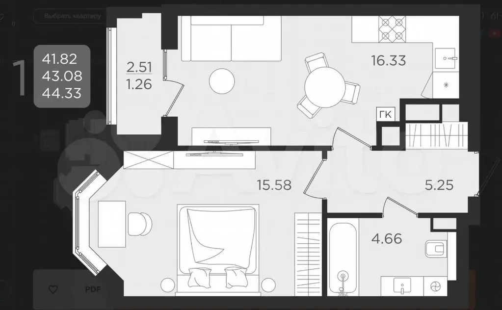 1-к. квартира, 44,3 м, 2/9 эт. - Фото 1