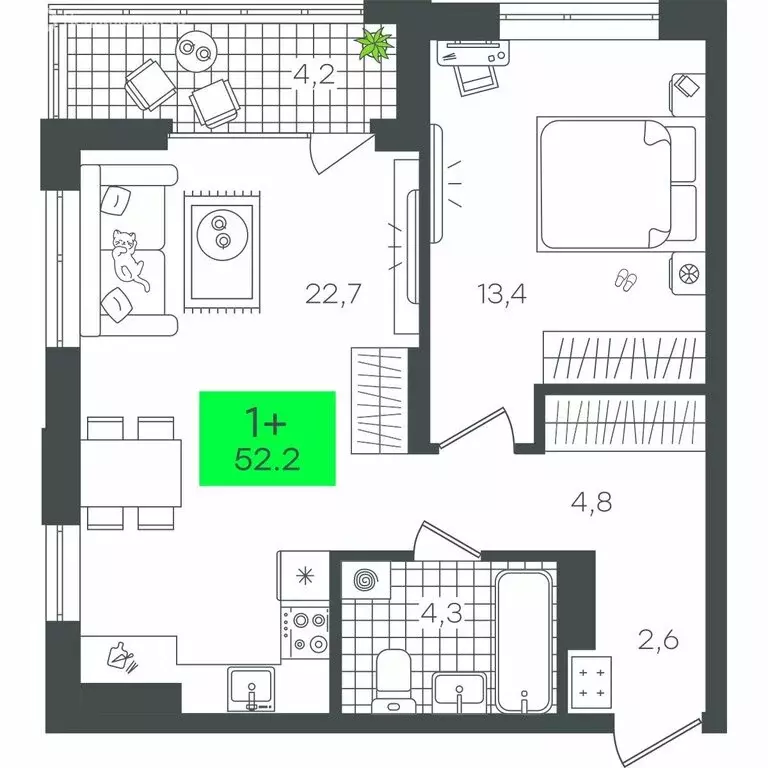 1-комнатная квартира: Тюмень, жилой комплекс Гранд Квартал (52.21 м) - Фото 2