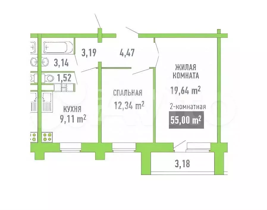 2-к. квартира, 55 м, 6/10 эт. - Фото 0