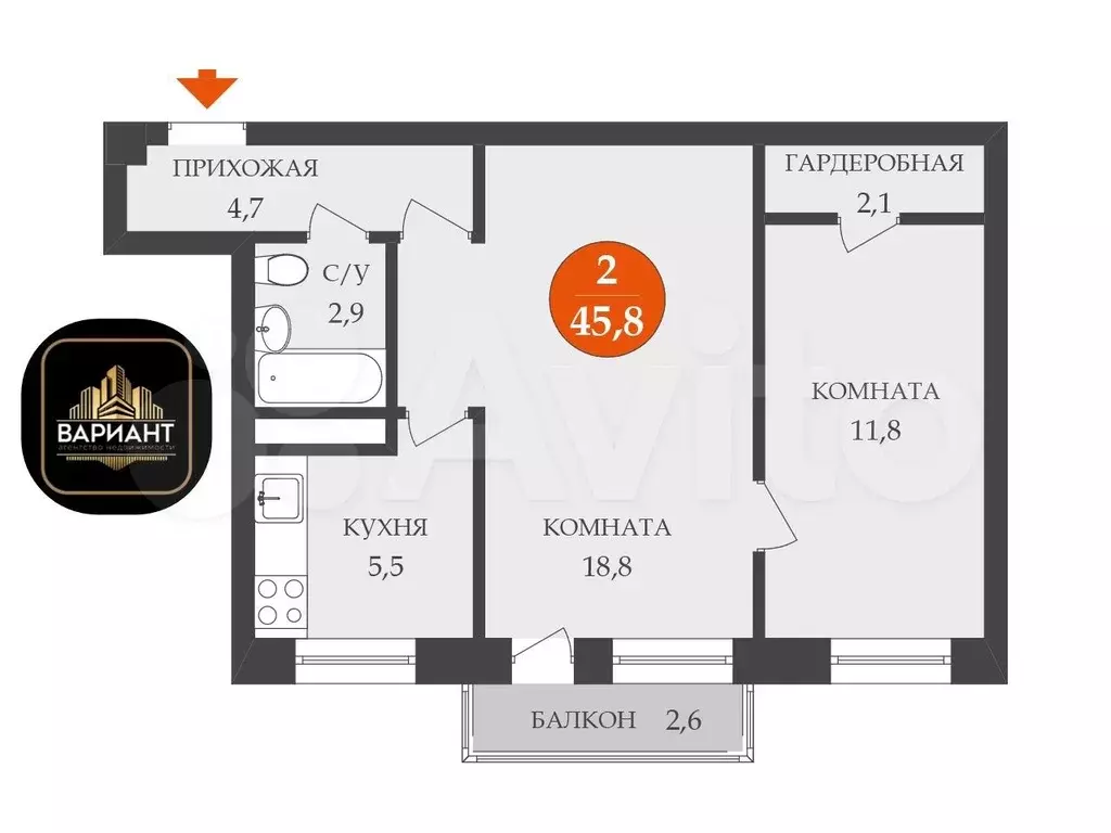 2-к. квартира, 45,8 м, 4/5 эт. - Фото 0