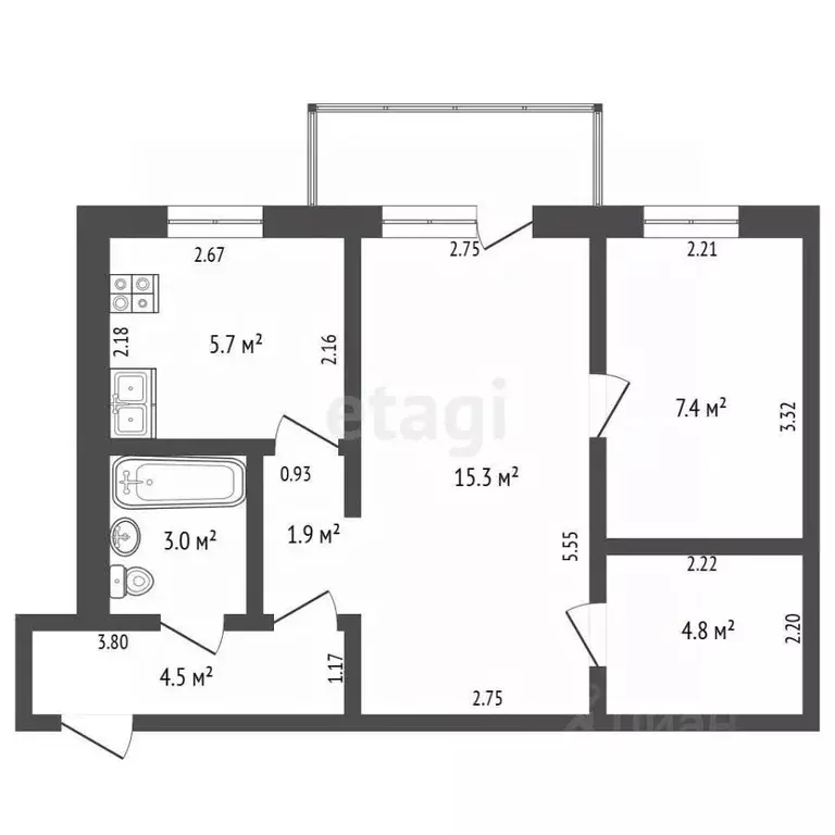 2-к кв. Башкортостан, Стерлитамак Социалистическая ул., 10 (42.6 м) - Фото 2