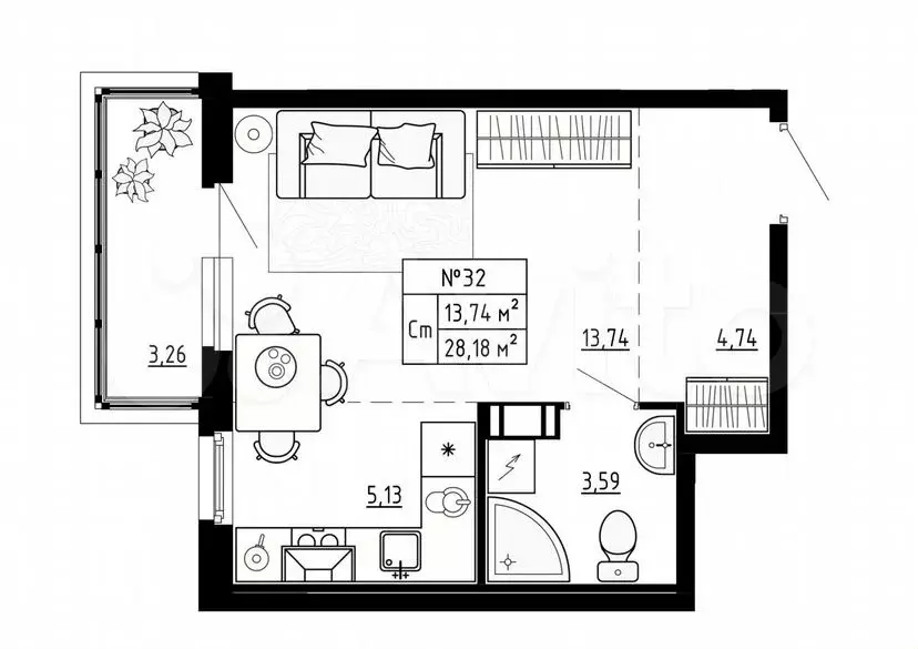 Квартира-студия, 28,2м, 4/4эт. - Фото 1