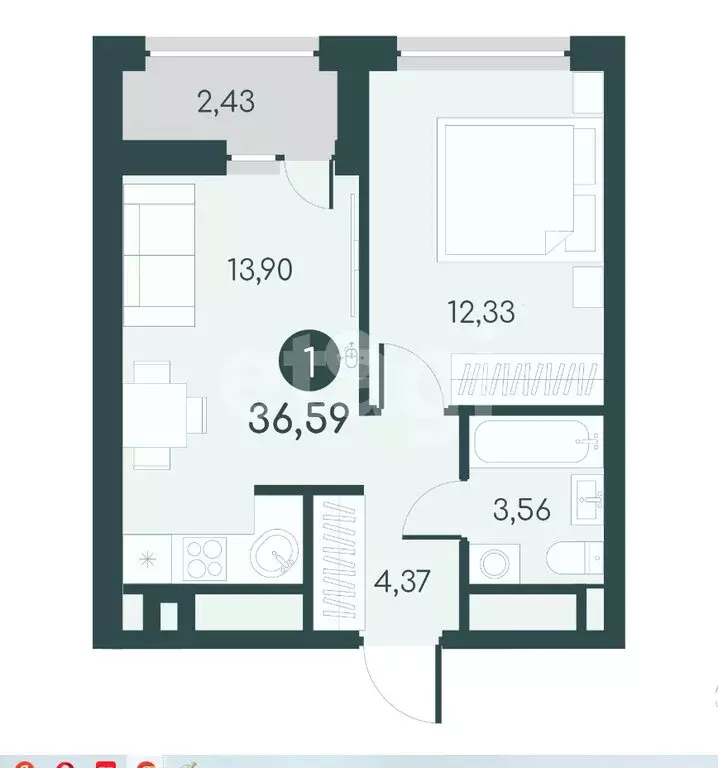 1-комнатная квартира: Курган, 18-й микрорайон, 7 (34.4 м) - Фото 1