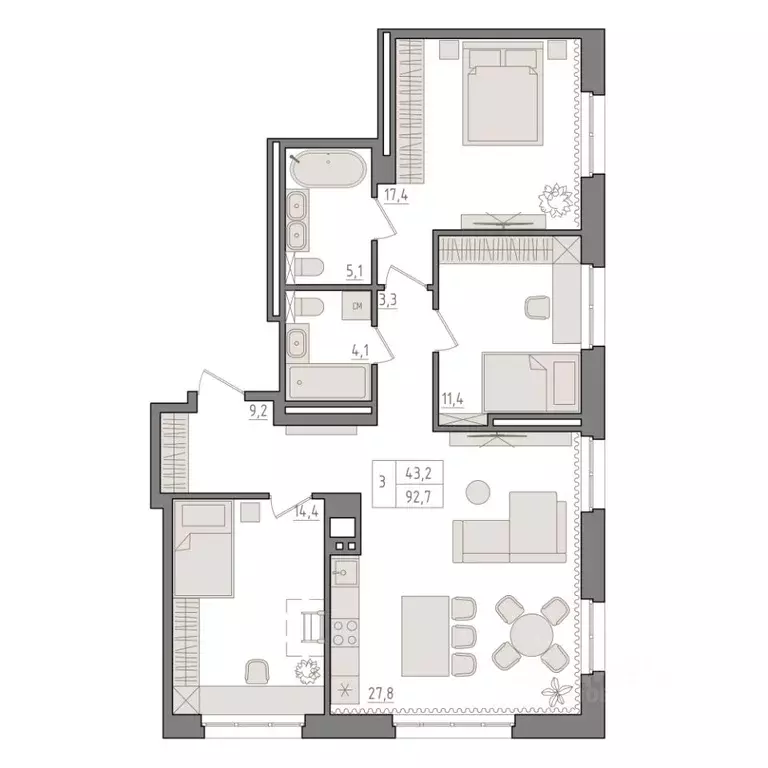 3-к кв. Башкортостан, Уфа 563-й кв-л,  (92.7 м) - Фото 1