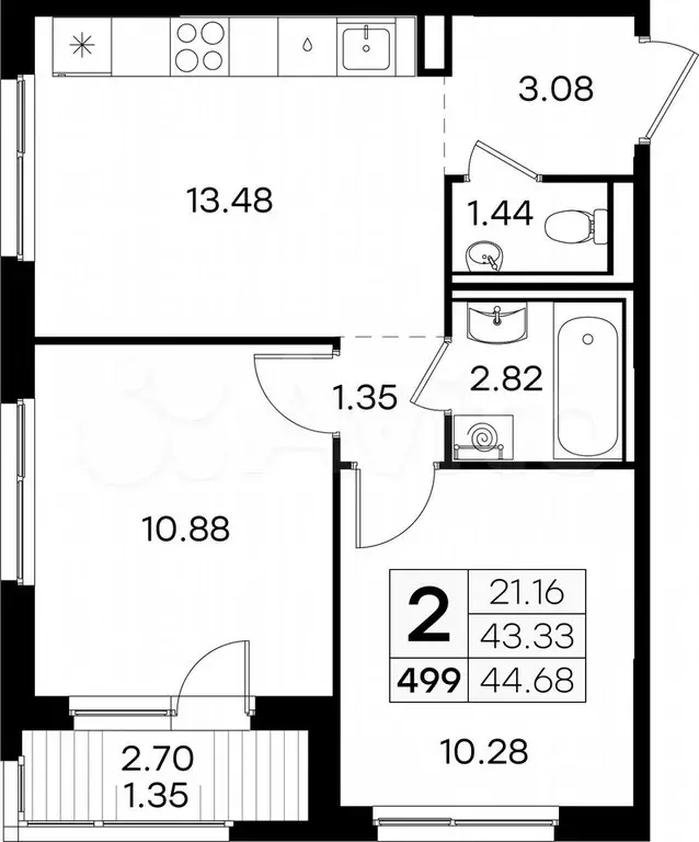 2-к. квартира, 44,7 м, 1/9 эт. - Фото 0
