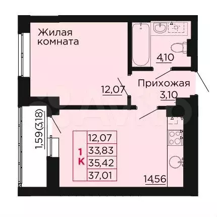 1-к. квартира, 35,4 м, 6/9 эт. - Фото 0