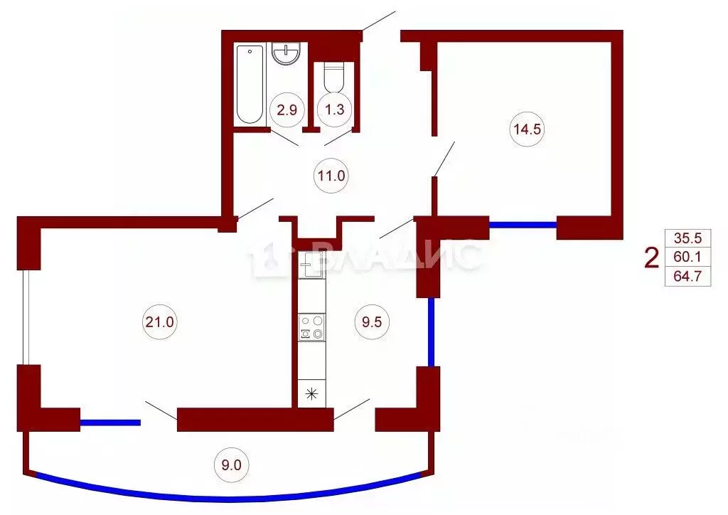 2-к кв. Воронежская область, Воронеж ул. Козо-Полянского, 9 (64.7 м) - Фото 2