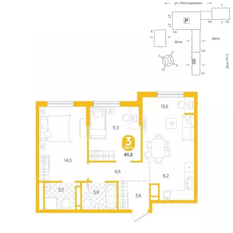 2-к кв. Тюменская область, Тюмень ул. Лесопарковая, 22 (61.2 м) - Фото 0