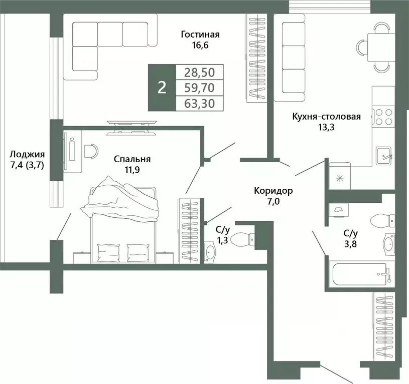 2-к кв. Кемеровская область, Кемерово 64-й мкр, Лучи жилой комплекс ... - Фото 2