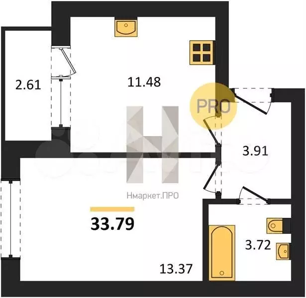 1-к. квартира, 33,8 м, 5/9 эт. - Фото 1