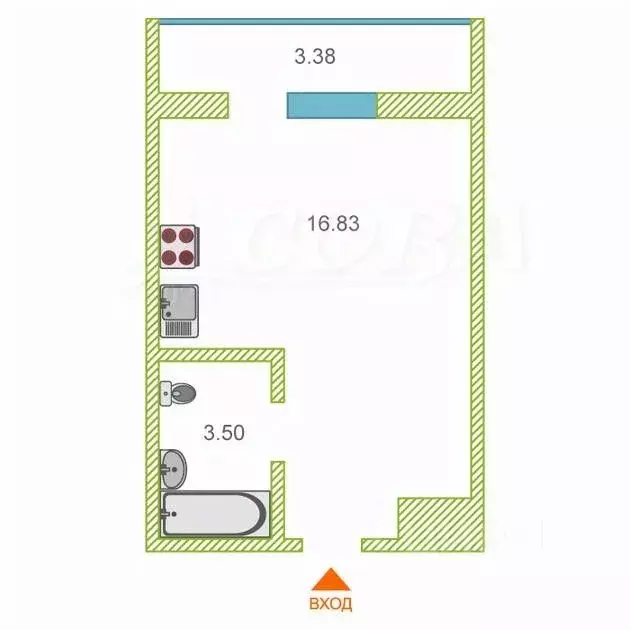 Студия Тюменская область, Тюмень ул. Новоселов, 107к1 (22.7 м) - Фото 2
