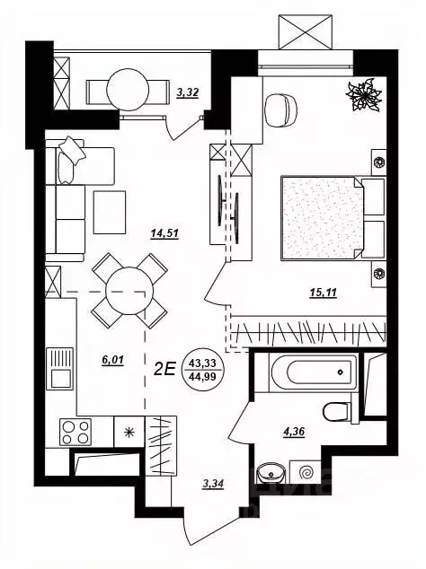 2-к кв. Хабаровский край, Хабаровск ул. Демьяна Бедного (44.99 м) - Фото 1