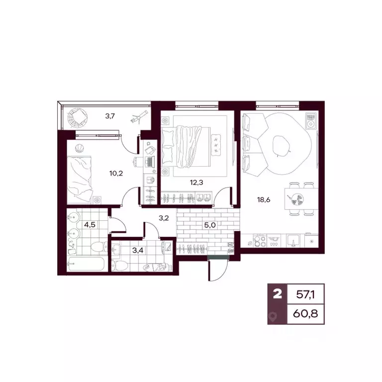 2-к кв. Тюменская область, Тюменский муниципальный округ, д. Дударева ... - Фото 1