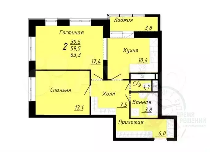 2-к. квартира, 59,7 м, 6/23 эт. - Фото 0