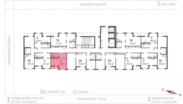 Студия Санкт-Петербург Ручьи тер.,  (21.8 м) - Фото 1