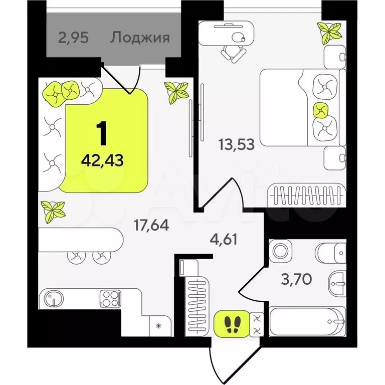 1-к. квартира, 42,4 м, 11/19 эт. - Фото 0