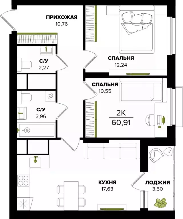 2-к кв. Тульская область, Тула  (60.91 м) - Фото 0