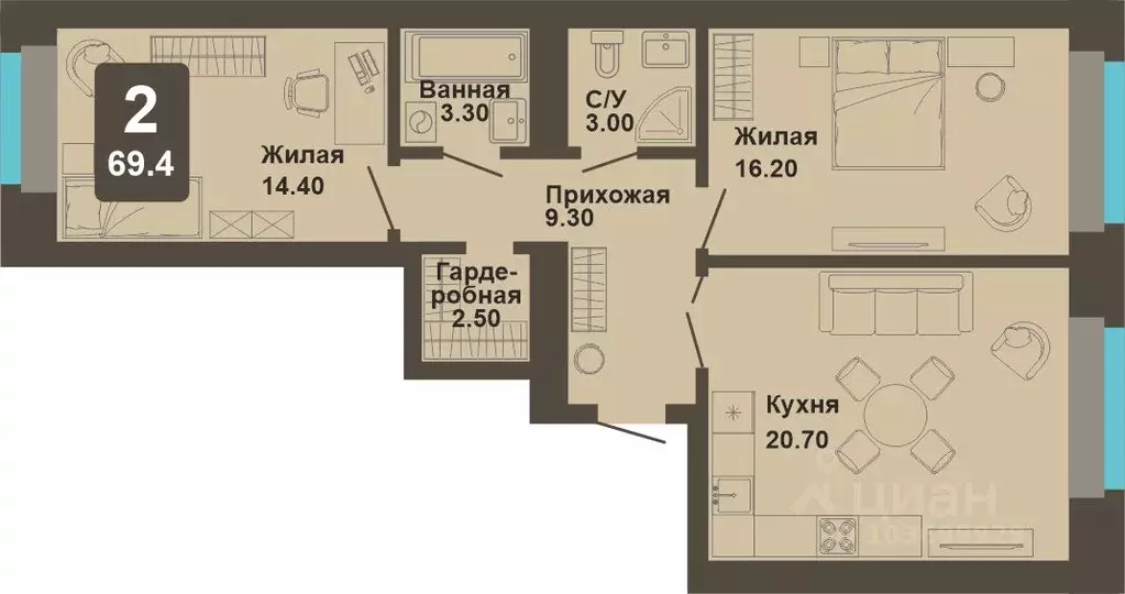 2-к кв. Чувашия, Чебоксары ул. И.П. Прокопьева (69.4 м) - Фото 1