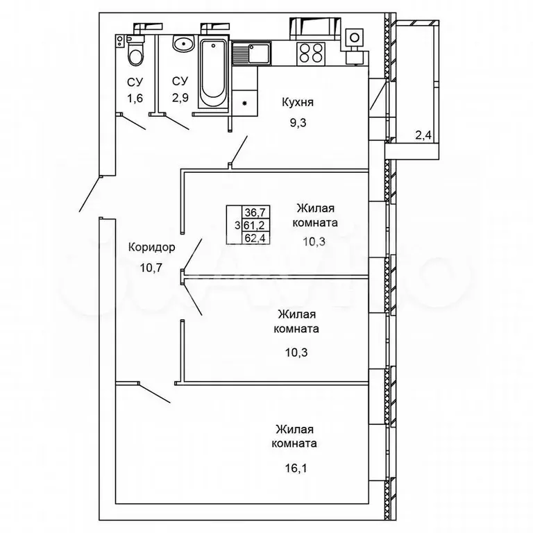 3-к. квартира, 62,4 м, 3/9 эт. - Фото 1