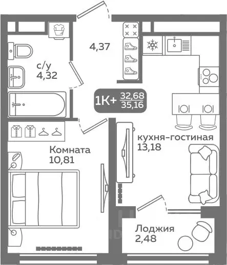 1-к кв. Тюменская область, Тюмень ул. Заполярная, 9/2 (32.68 м) - Фото 0
