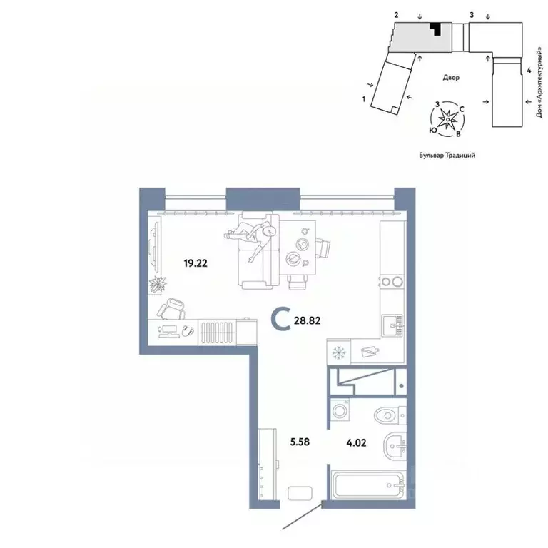 1-к кв. Тюменская область, Тюмень ул. Новоселов, 98 (28.82 м) - Фото 1