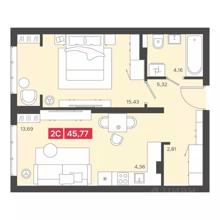 2-к кв. Новосибирская область, Новосибирск Аэропорт мкр,  (45.77 м) - Фото 1