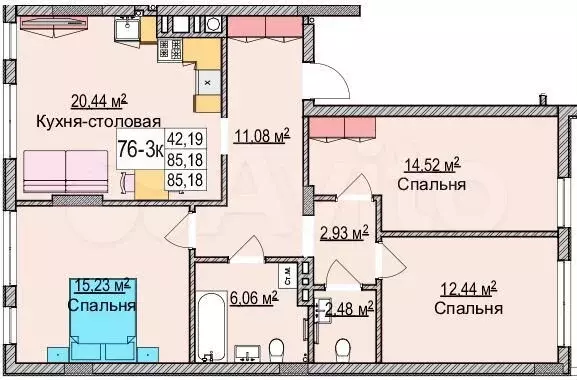 3-к. квартира, 85,9 м, 2/6 эт. - Фото 1