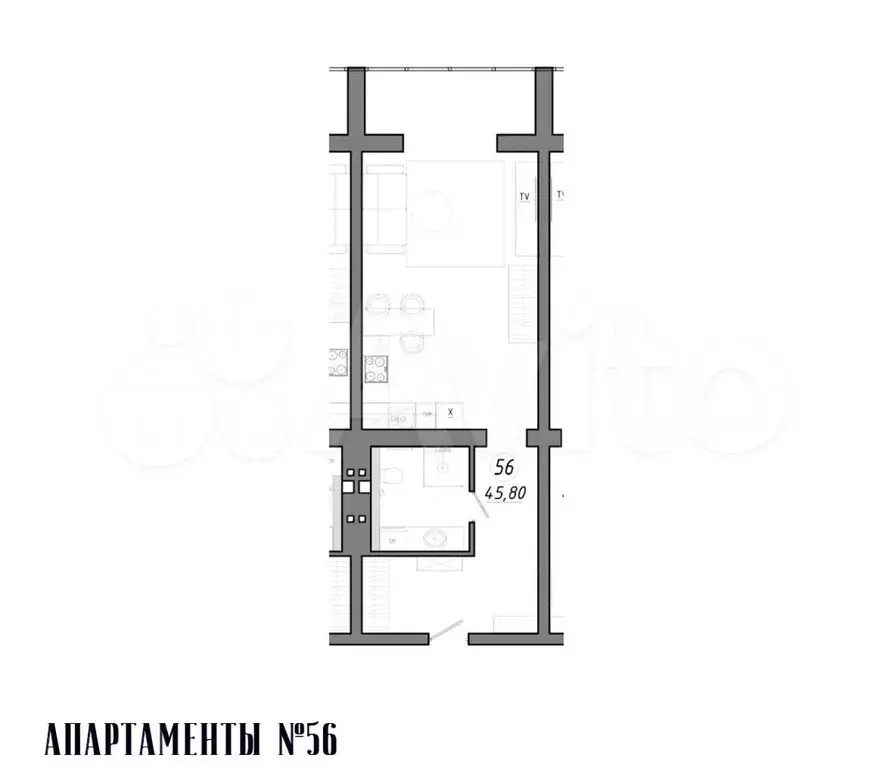 Апартаменты-студия, 46 м, 3/5 эт. - Фото 1