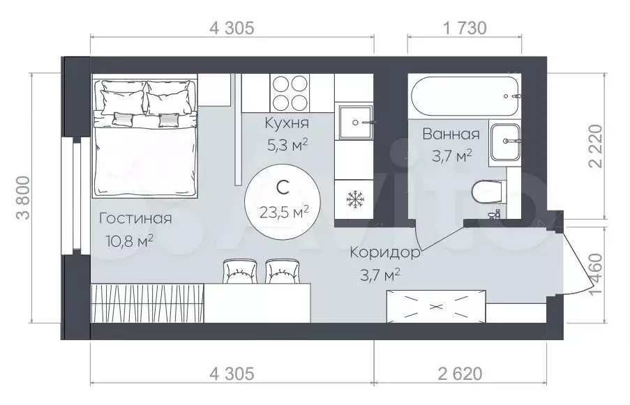 квартира-студия, 23,5 м, 2/25 эт. - Фото 0