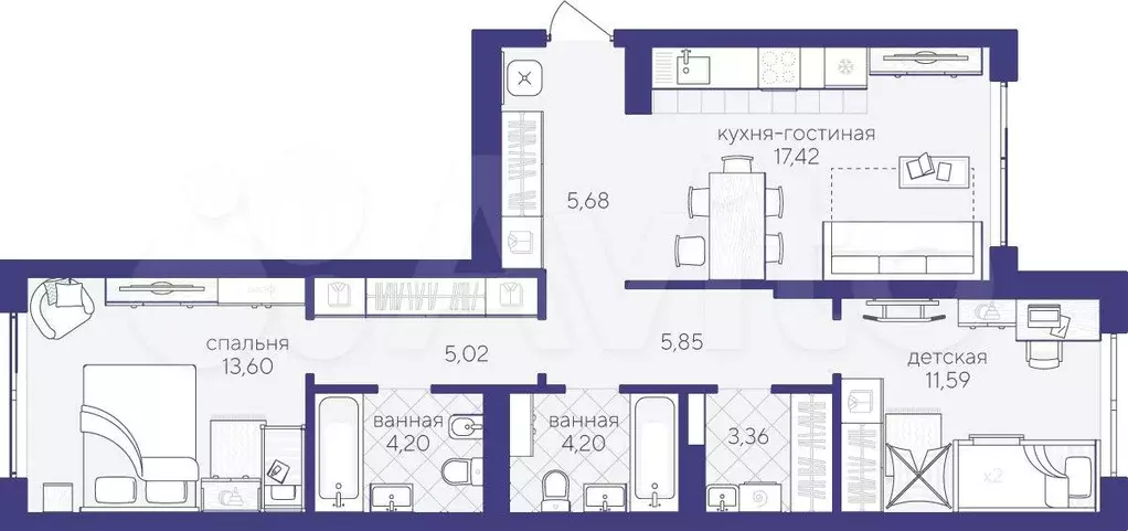 2-к. квартира, 70,9 м, 4/4 эт. - Фото 1