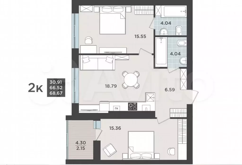 2-к. квартира, 66,5 м, 6/9 эт. - Фото 1