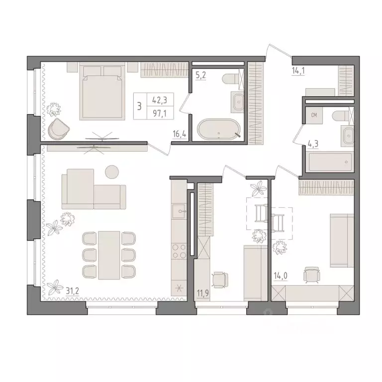 3-к кв. Башкортостан, Уфа 563-й кв-л,  (97.1 м) - Фото 1