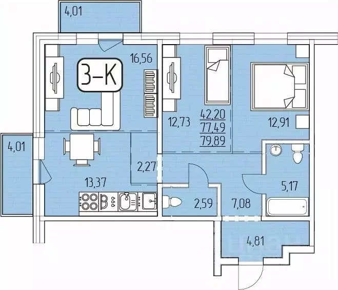 3-к кв. Бурятия, Улан-Удэ 140А мкр,  (79.89 м) - Фото 1