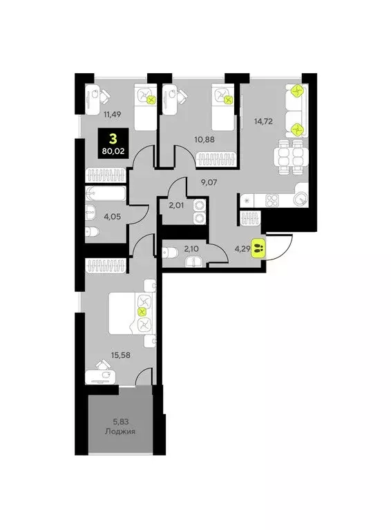3-комнатная квартира: Тюмень, улица Андрея Приказнова, 1 (80.02 м) - Фото 0